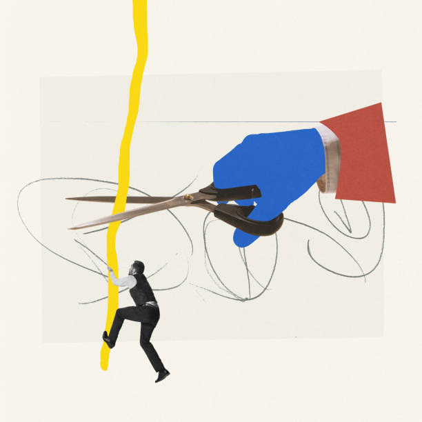 istock Contemporary art collage. Creative design. Illusion hand cutting rope that man climbing up. Professional challenges and competition 1474161377