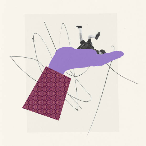istock Contemporary art collage. Creative design. Young boy falling asleep on giant hand. Feeling tired and powerless 1474161404