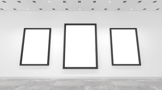 3D Blank movie posters on white wall in cinema, theater hallway or gallery. Realistic mockup of black picture frames in interior with ceiling spotlights and gray marble tile floor, 3d illustration