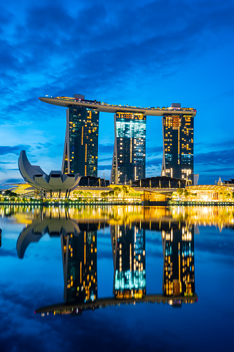 Singapore City, Singapore - February 4, 2023 : Sunrise view of Marina Bay area with the Marina Bay Sands Hotel, Art Science  Museum and Central Business District
