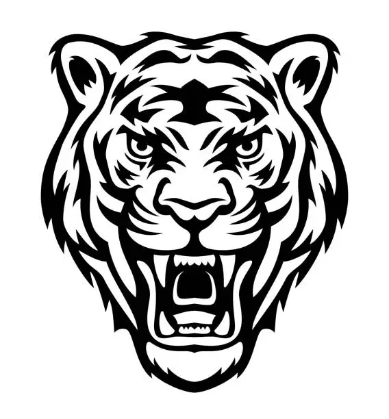 Vector illustration of Tiger fury. Roaring tiger head. Mascot Creative Design. Tiger Head Tattoo.
