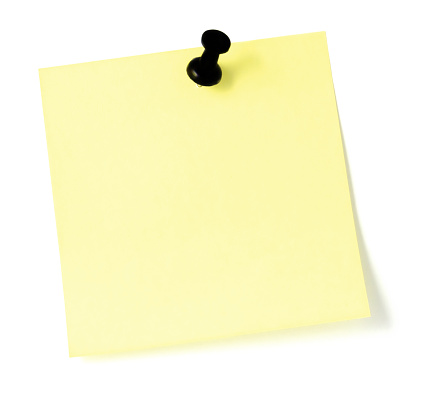Blank Empty Yellow Isolated To-Do List Sticky Adhesive Note Sticker Post-It Copy Space Background, Large Detailed Macro Closeup, Black Pushpin Thumbtack, White Background
