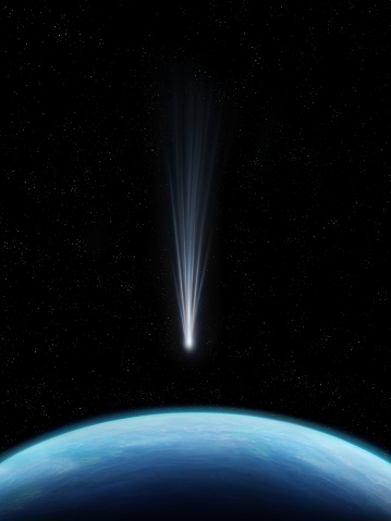 Comet is moving towards the Earth. Celestial body is approaching our planet. A meteorite glows in the starry sky.