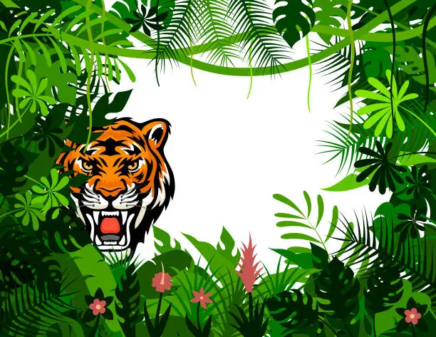 Vector illustration of Tiger fury. Roaring tiger head. Mascot Creative Design. Tiger in the bushes. Mascot Creative Logo Design.