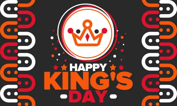 Vector illustration of King’s Day in Netherlands. Koningsdag in Dutch. Nation’s cultural heritage and the celebrate birthday of His Majesty King. Dutch royal family. Netherlands flag. Orange colour or orange madness. Vector