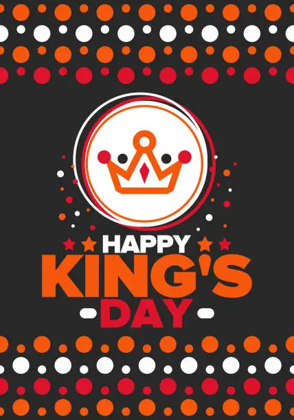 Vector illustration of King’s Day in Netherlands. Koningsdag in Dutch. Nation’s cultural heritage and the celebrate birthday of His Majesty King. Dutch royal family. Netherlands flag. Orange colour or orange madness. Vector