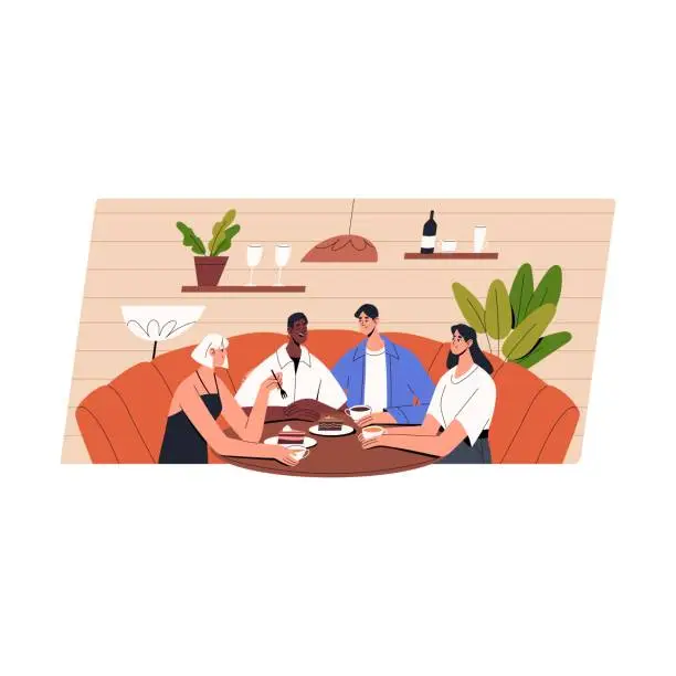 Vector illustration of Friends group eating out, sitting at cafe table. Double date in coffee shop. Two couples drinking tea, cake, talking in coffee shop, cafeteria. Flat vector illustration isolated on white background