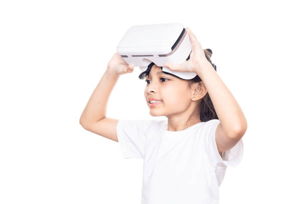 istock Children experiencing virtual reality isolated on white background with clipping path. 1474167415