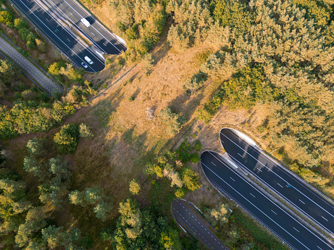 This photo shows a wildlife ecoduct in the Netherlands. The picture was taken by a drone. This ecoduct is a bridge which crosses the highway so animals can savely migrate to different forests.