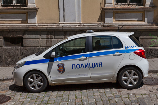 Close up of police car on city street, Berlin