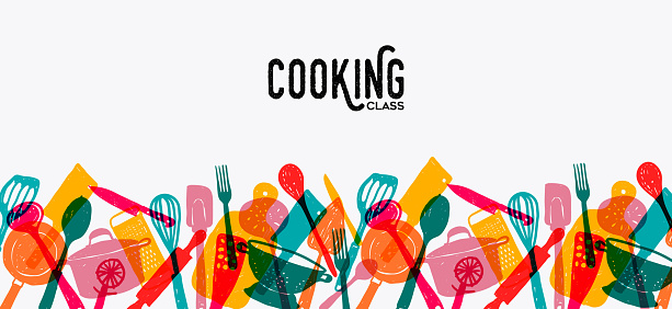 Cooking class horizontal frame template design. Diverse kitchen utensils in colorful transparent doodle style on isolated background. Multicolor vector illustration for book cover, greeting card, event invitation and promotional banner.