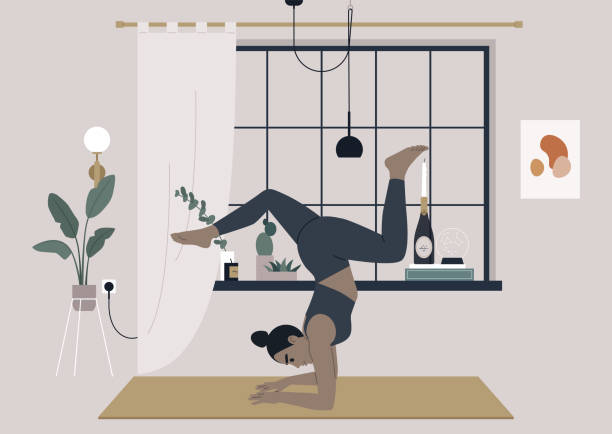 A young female character participating yoga vinyasa at home, a workout designed to improve strength, balance, and flexibility A young female character participating yoga vinyasa at home, a workout designed to improve strength, balance, and flexibility meditation room stock illustrations