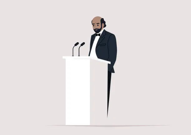 Vector illustration of A professor or politician giving a lecture at the podium speaking to an audience