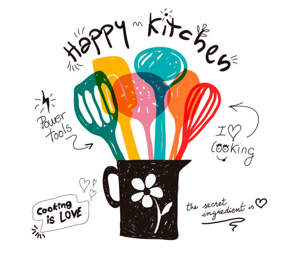 ilustraciones, imágenes clip art, dibujos animados e iconos de stock de cocina feliz y amor cocina cita colores utensilios en ilustración garabato - white background container silverware dishware