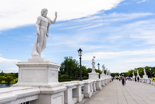St. Petersburg, Russia - October 2021: Pavlovsk palace and Centaur bridge statue in Pavlovsky park in autumn