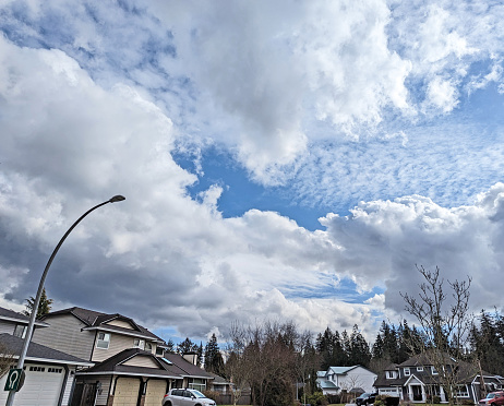 Dramatic clouds drift above detached houses and a forest in the Fleetwood neighbourhood of Surrey, British Columbia. Winter mid-afternoon.