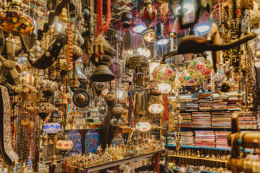 Muscat, Oman - May 25, 2022: Traditional Arabian antiques and handicraft shop