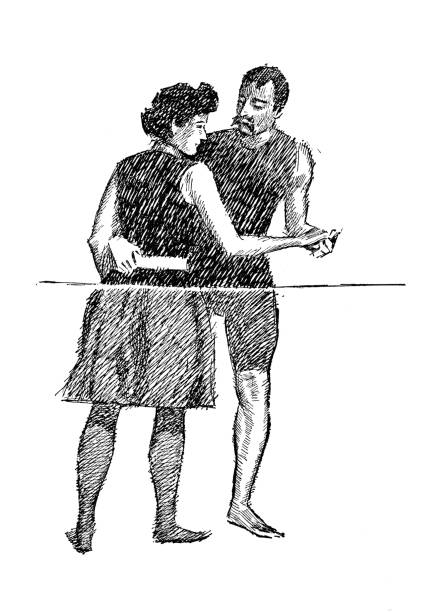 ilustrações, clipart, desenhos animados e ícones de ilustração antiga do esporte: dança do casal do nadador do mar - old fashioned swimwear couple retro revival