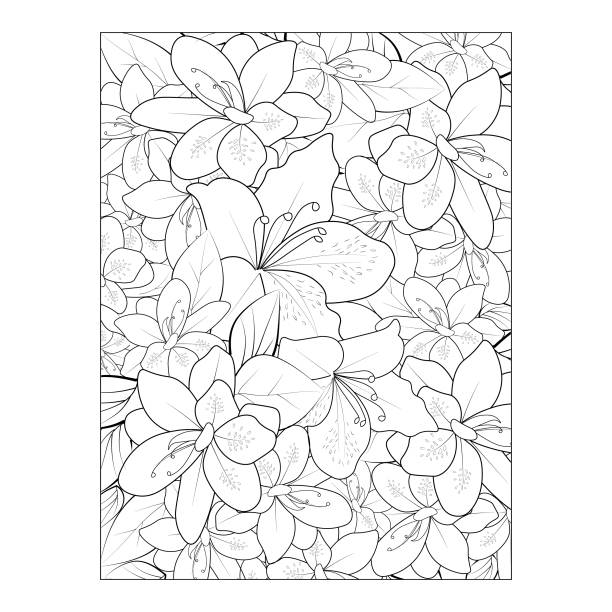 azalea flower drawing, azalea flower vector,  Seamless vector floral pattern.  Vector illustration of a beautiful botanical azalea flower background pattern design. This is a vector flower drawing. Adobe illustrator 10 versions, easy to work, is best for coloring page print on demand on others' works, chinese culture paintings bush painting stock illustrations