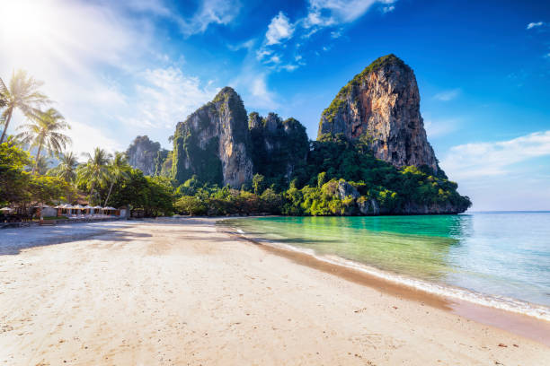 아름다운 라일레이 해변과 태국 크라비, 사람이없는 - thailand beach longtail boat cliff 뉴스 사진 이미지