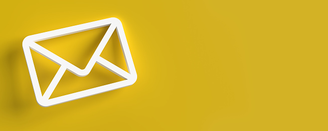 Pictogram 3D symbol concept: White illuminated envelope e-mail message sign illustration model on yellow background. Horizontal composition with copy space and clipping path for easy edit