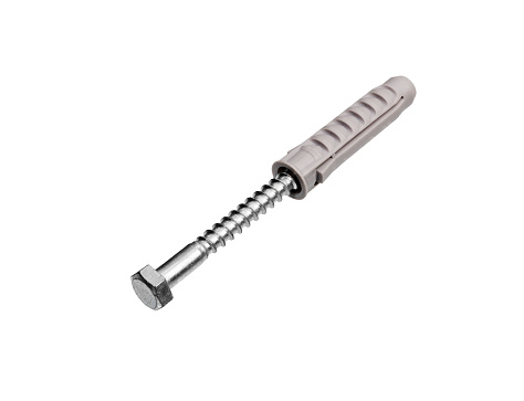 Steel screw and plastic anchor for fixture in concrete wall isolated on white background. Tool screw with dowel.