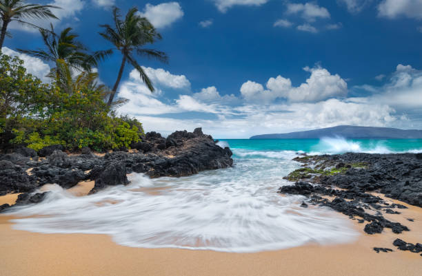 hermosa puesta de sol en una playa de hawái - maui fotografías e imágenes de stock