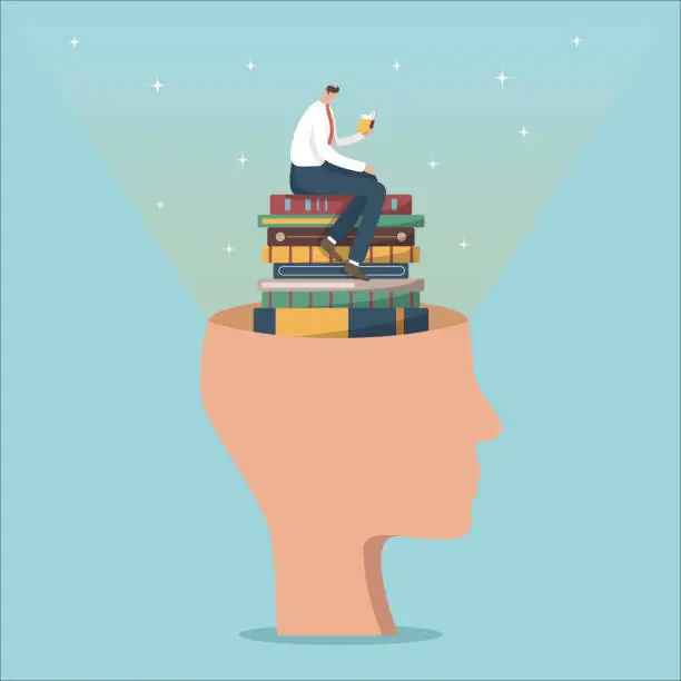 Vector illustration of Man reads a book and sits in a head