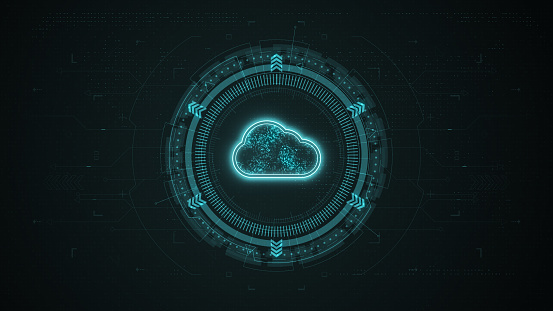 Blue digital cloud computing logo and data stroage system with rotation HUD circle technology interface and futuristic elements abstract background