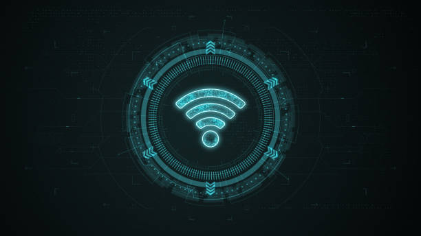 istock Blue digital WIFI logo with rotation HUD circle technology interface and futuristic elements abstract background 1474180375