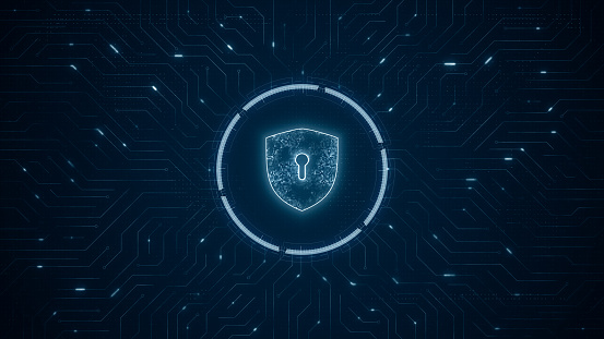 Blue digital security shield logo and futuristic technotogy circle HUD with circuit board and data transfer on abstract background network secure concept