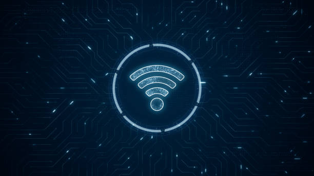 istock Blue digital WIFI logo and futuristic technotogy circle HUD with circuit board and data transfer on abstract background 1474180405