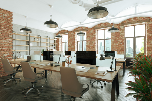 Interior of a modern loft open plan office space.