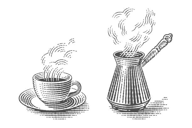 турецкий джезве горшок и чашка горячего напитка - coffee aromatherapy black black coffee stock illustrations