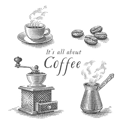 Turkish cezve pot, cup of hot drink, coffee beans and grinder. Hand drawn engraving style illustrations.