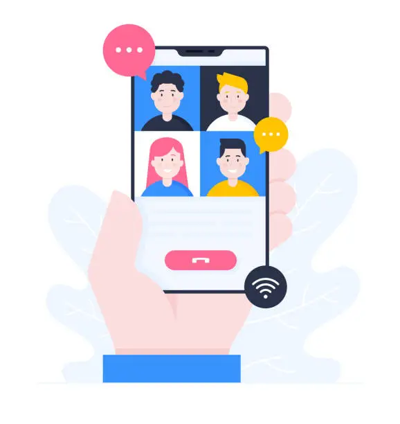 Vector illustration of Flat Design Illustration. A hand holding a smart phone. Online Meeting Concept