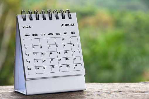 2024 August month calendar with blurred nature background. Copy space and calendar concept.