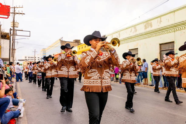 Matamoros, Tamaulipas, Mexico - February 25, 2023: Fiestas Mexicanas Parade, Music Band Halcones from the Ricardo Flores Magon High School, performing at the parade