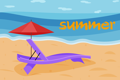 Sun loungers and umbrellas on the seashore. summer landscape. Leisure on the beach . vector illustration.