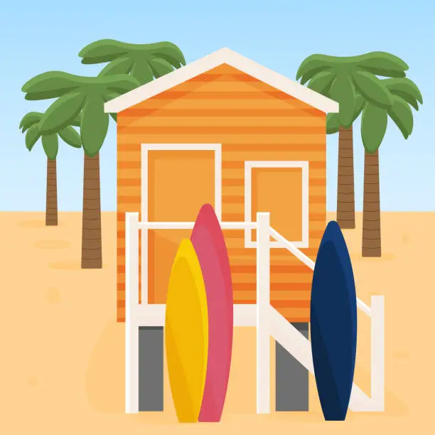 Vector illustration of Vector cozy house near the sea. Cartoon house on the seashore, palm trees, surfboards. mini hotels near the beach. summer leisure, vacation.