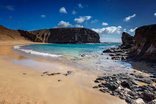 Lanzarote. Volcanic island. Papagayo. Spaces and ocean views. Spanish islands. Landscapes of the Canary Islands. Travel photography.
Nature background.