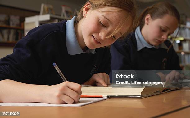 Schulkindnur Mädchen Die Notizen Aus Buch In Der Bibliothek Und Lächeln Stockfoto und mehr Bilder von 10-11 Jahre
