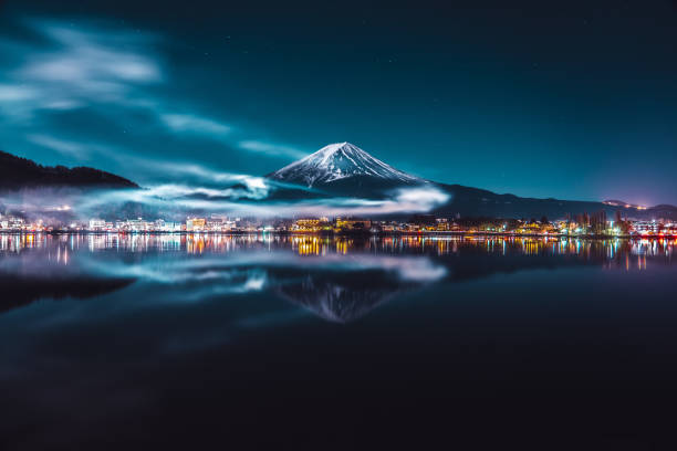 夜の富士と河口湖