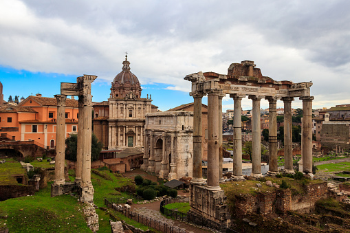 A view of the imposing mausoleum of Augustus, also known as Augusteo, the funerary monument of the emperor Augustus subjected to a long restoration and which is expected to open to the public in March 2021. The mausoleum, built starting from 28 BC. it stood in the northern part of the Campo Marzio and was one of the wonders of Imperial Rome. A few meters away is the Ara Pacis, the altar dedicated to peace erected by Augustus himself in the year 9 BC. On the left the church and the convent of San Rocco all'Agusteo. Image in High Definition format.