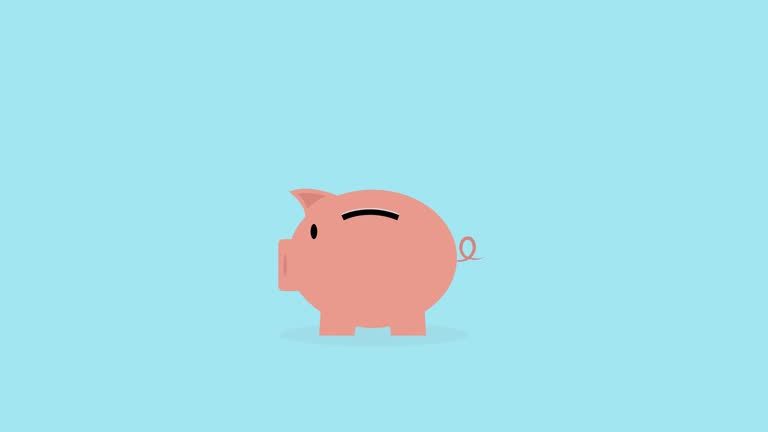 Money saving concept. Dollar coins falling into a piggy bank on blue background.