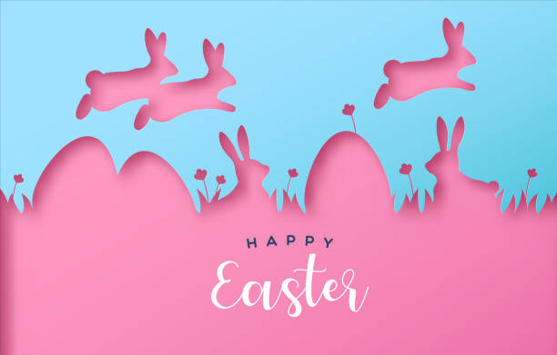 frohe ostern bunte papier geschnitten kaninchen eierkarte - easter or easter bunny or easter egg or easter basket not business not silhouette stock-grafiken, -clipart, -cartoons und -symbole