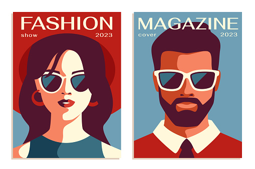 Fashion posters. Two covers for fashion magazine with models in sunglasses. Male and female portraits for trendy and stylish publication. Cartoon flat vector collection isolated on white background