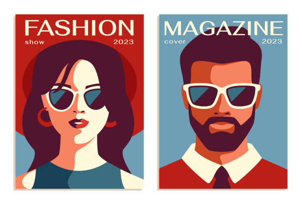 Fashion posters set Fashion posters. Two covers for fashion magazine with models in sunglasses. Male and female portraits for trendy and stylish publication. Cartoon flat vector collection isolated on white background fashion model men male sunglasses stock illustrations
