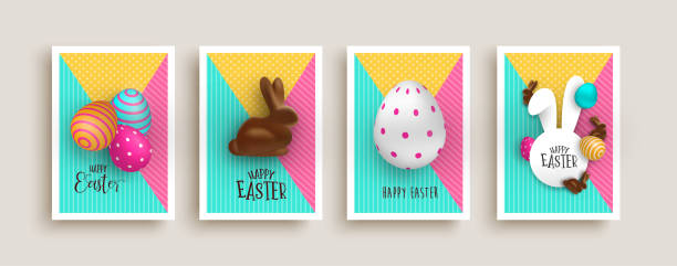 frohe ostern schoko kaninchen ei 3d kartenset - schokolade typografie stock-grafiken, -clipart, -cartoons und -symbole