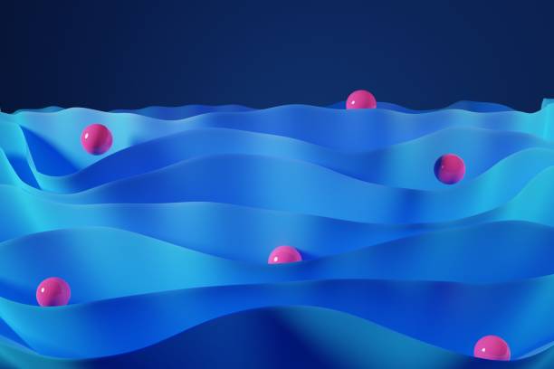 istock Blue fabric wavy surface with pink glossy spheres floating inside. 1474202195